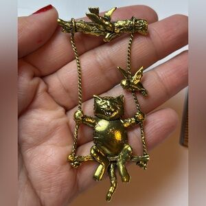 Brassy Goldtone Vintage-Inspired Cat Brooch Pin, Happy Cat Swinging, Fashion Cat